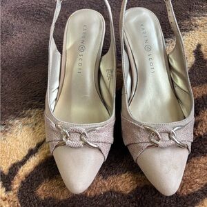 Karen Scott Blush Taupe Pointed Toe Slingback Heels with Chain Accent